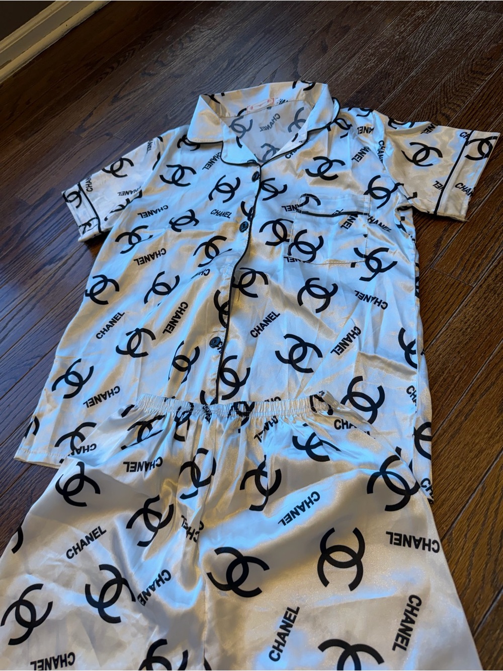 White Satin Two-Piece Logo Pajama Set with Black Print